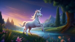 friendly, happy unicorn in pixar animation style galloping by a river under the moonlight in a fantasy world --ar 16:9 --v 5.2
