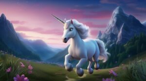 friendly, happy unicorn in pixar animation style galloping under the moonlight with mountains nearby in a fantasy world --ar 16:9 --v 5.2