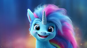 friendly, happy unicorn with blue hair in pixar animation style with a bright fantasy background --ar 16:9 --v 5.2
