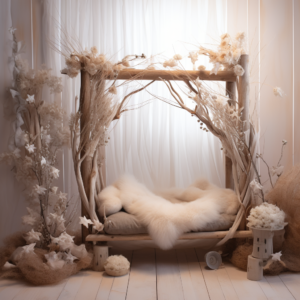 Realistic photo background for a newborn baby. Fairytale nature,The background is based on neutral and natural shades such as beige, light gray and milky. The location features decorative wooden posts or a light imitation wood background.Soft and delicate plants .Imitation of the gentle rays of the sun coming through the branches --v 5.2