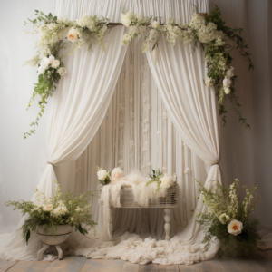 A front facing white photography backdrop for a newborn, side on view of a boho crib, white lace blanket ontop of the crib, ethereal style, draped white curtains on each side, fresh flowers, hanging flower vines trailing, rule of thirds, hyperfocal, sharp focus , ultra realistic --v 5.2