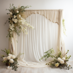 A front facing white photography backdrop for a newborn, side on view of a boho crib, white lace blanket ontop of the crib, ethereal style, draped white curtains on each side, fresh flowers, hanging flower vines trailing, rule of thirds, hyperfocal, sharp focus , ultra realistic --v 5.2
