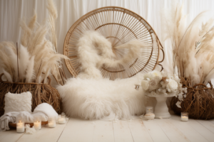 a boho backdrop for newborn photography with creamy and white tones, hyperfocal, sharp focus, elegant and delicate --no people --ar 3:2 --style raw --v 5.2