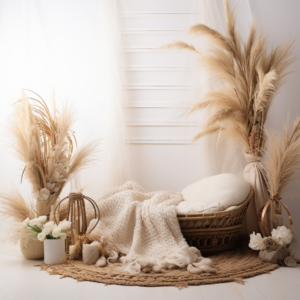 close up of an all white and wicker nature themed photography backdrop for newborns with props, no people, no light stands, no softboxes, photo realistic 4k ,bright airy light, --style raw --v 5.2