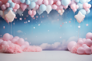 realistic digital photography backdrop with pastel balloon arch, clouds, hanging stars, 8k, --ar 3:2 --v 5.2