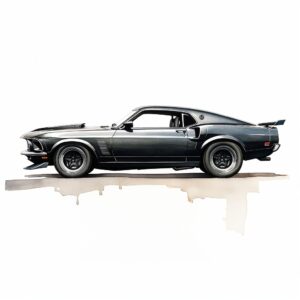 simple watercolor drawing of a side view black 1970 ford mustang boss car