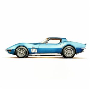 simple watercolor line drawing of a 1969 BALDWIN-MOTION PHASE III GT CORVETTE side view
