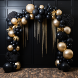 a black and gold balloon arch with a white fringe curtain --v 5.2