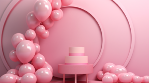 3d backdrop of pink birthday party decoration, in the style of minimalist still lifes, rounded --ar 16:9 --v 5.2