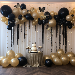 birthday decoration with black and golden color ballons,glitters,shimmers,golden little butterfly hanging --v 5.2