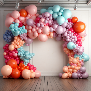 3D cgi balloon backdrop with organic balloon arch in front of a wall --v 5.2