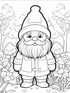 Coloring book page for kids - simple large print - crisp black lines - kawaii style gnome, in the garden [black outline, vector art, clean lines, toon edge outline. Clean line art, fine line art. White background. Black and white coloring page. The image should be executed in a simple, continuous line art style, filling the entire page with an enchanting scene. The simplicity of the design allows young artists to concentrate on the subjects, fostering creativity and providing a calming artistic outlet. This minimalist aesthetic is perfect for teens looking for a relaxing coloring activity. --ar 15:20 --style raw --v 5.2