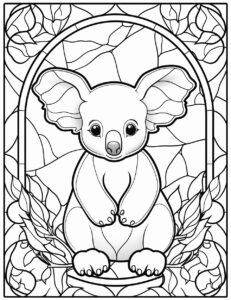 Coloring page for adults. design a simple outline drawing of a stained glass window. A cute koala bear is peering through the window. Stained glass coloring page. Clean line art, fine line art. White background. Black and white coloring page. The image should be executed in a simple, continuous line art style, filling the entire page with an enchanting scene. The simplicity of the design allows young artists to concentrate on the subjects, fostering creativity and providing a calming artistic outlet. This minimalist aesthetic is perfect for teens looking for a relaxing coloring activity. --ar 85:110 --v 5.2