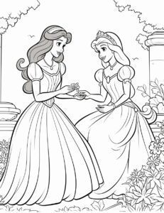 Create a black and white coloring page depicting two Disney princesses engaging in a friendly conversation in a blooming garden. Clean line art, fine line art. White background. Black and white coloring page. The image should be executed in a simple, continuous line art style, filling the entire page with an enchanting scene. The simplicity of the design allows young artists to concentrate on the subjects, fostering creativity and providing a calming artistic outlet. This minimalist aesthetic is perfect for teens looking for a relaxing coloring activity. --ar 17:22 --style raw --v 5.2