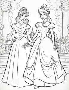 Create a black and white coloring page featuring Cinderella and Belle from Disney, showcasing their iconic ballroom gowns and hairstyles. Clean line art, fine line art. White background. Black and white coloring page. The image should be executed in a simple, continuous line art style, filling the entire page with an enchanting scene. The simplicity of the design allows young artists to concentrate on the subjects, fostering creativity and providing a calming artistic outlet. This minimalist aesthetic is perfect for teens looking for a relaxing coloring activity. --ar 17:22 --style raw --v 5.2