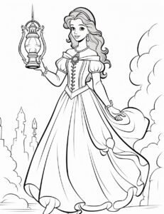 Create a black and white coloring page featuring a Disney princess in a brave standing pose, holding a lantern in a dark and mysterious setting. Clean line art, fine line art. White background. Black and white coloring page. The image should be executed in a simple, continuous line art style, filling the entire page with an enchanting scene. The simplicity of the design allows young artists to concentrate on the subjects, fostering creativity and providing a calming artistic outlet. This minimalist aesthetic is perfect for teens looking for a relaxing coloring activity. --ar 17:22 --style raw --v 5.2