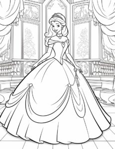 Create a black and white coloring page featuring a Disney princess gracefully dancing in a ballroom, twirling in an elegant gown. Clean line art, fine line art. White background. Black and white coloring page. The image should be executed in a simple, continuous line art style, filling the entire page with an enchanting scene. The simplicity of the design allows young artists to concentrate on the subjects, fostering creativity and providing a calming artistic outlet. This minimalist aesthetic is perfect for teens looking for a relaxing coloring activity. --ar 17:22 --style raw --v 5.2