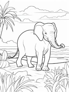 Create a black and white coloring page featuring a wise Indian elephant seal basking on the shores of the Arabian Sea. Clean line art, fine line art. White background. Black and white coloring page. The image should be executed in a simple, continuous line art style, filling the entire page with an enchanting scene. The simplicity of the design allows young artists to concentrate on the subjects, fostering creativity and providing a calming artistic outlet. This minimalist aesthetic is perfect for teens looking for a relaxing coloring activity. --ar 15:20 --style raw --v 5.2