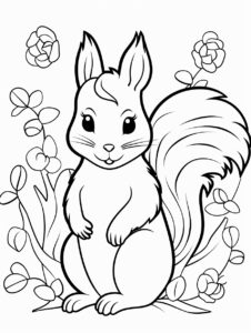 Create a black and white coloring page of Squirrel. Clean line art, fine line art. White background. Black and white coloring page. The image should be executed in a simple, continuous line art style, filling the entire page with an enchanting scene. The simplicity of the design allows young artists to concentrate on the subjects, fostering creativity and providing a calming artistic outlet. This minimalist aesthetic is perfect for teens looking for a relaxing coloring activity. --ar 15:20 --style raw --v 5.2
