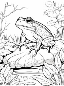 Create a black and white coloring page of a Toad. Clean line art, fine line art. White background. Black and white coloring page. The image should be executed in a simple, continuous line art style, filling the entire page with an enchanting scene. The simplicity of the design allows young artists to concentrate on the subjects, fostering creativity and providing a calming artistic outlet. This minimalist aesthetic is perfect for teens looking for a relaxing coloring activity. --ar 15:20 --style raw --v 5.2