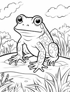 Create a black and white coloring page of a Toad. Clean line art, fine line art. White background. Black and white coloring page. The image should be executed in a simple, continuous line art style, filling the entire page with an enchanting scene. The simplicity of the design allows young artists to concentrate on the subjects, fostering creativity and providing a calming artistic outlet. This minimalist aesthetic is perfect for teens looking for a relaxing coloring activity. --ar 15:20 --style raw --v 5.2