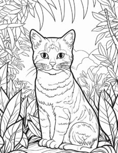 Create a black and white coloring page of a cat in a jungle. line art. white background. The image should be executed in a simple, continuous line art style, filling the entire page with an enchanting scene. The simplicity of the design allows young artists to concentrate on the subjects, fostering creativity and providing a calming artistic outlet. This minimalist aesthetic is perfect for teens looking for a relaxing coloring activity. --ar 17:22 --v 5.2