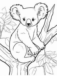 Create a black and white coloring page of koala. Clean line art, fine line art. White background. Black and white coloring page. The image should be executed in a simple, continuous line art style, filling the entire page with an enchanting scene. The simplicity of the design allows young artists to concentrate on the subjects, fostering creativity and providing a calming artistic outlet. This minimalist aesthetic is perfect for teens looking for a relaxing coloring activity. --ar 15:20 --style raw --v 5.2