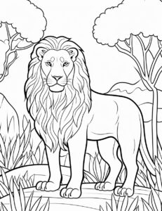 Create a coloring page of lion full body. black and white coloring page. The image should be executed in a simple, continuous line art style, filling the entire page with an enchanting scene. The simplicity of the design allows young artists to concentrate on the subjects, fostering creativity and providing a calming artistic outlet. This minimalist aesthetic is perfect for teens looking for a relaxing coloring activity. --ar 17:22 --v 5.2