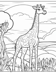 Create a giraffe in a land coloring page for kids. The image should be executed in a simple, continuous line art style, filling the entire page with an enchanting scene. The simplicity of the design allows young artists to concentrate on the subjects, fostering creativity and providing a calming artistic outlet. This minimalist aesthetic is perfect for teens looking for a relaxing coloring activity. --ar 17:22 --v 5.2