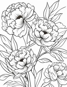 Create black and white peonies pattern coloring page. Clean line art, fine line art. White background. Black and white coloring page. The image should be executed in a simple, continuous line art style, filling the entire page with an enchanting scene. The simplicity of the design allows young artists to concentrate on the subjects, fostering creativity and providing a calming artistic outlet. This minimalist aesthetic is perfect for teens looking for a relaxing coloring activity. --ar 17:22 --style raw --v 5.2