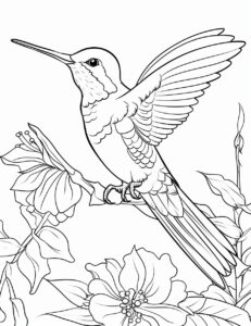 childrens coloring page, pollinating hummingbird , basic line drawing no color bold lines cute childish cartoon. The image should be executed in a simple, continuous line art style, filling the entire page with an enchanting scene. The simplicity of the design allows young artists to concentrate on the subjects, fostering creativity and providing a calming artistic outlet. This minimalist aesthetic is perfect for teens looking for a relaxing coloring activity. --ar 17:22 --v 5.2