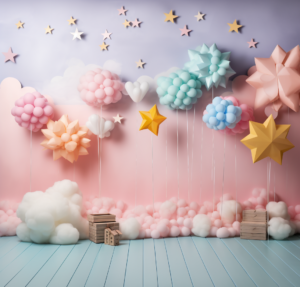 Pastel balloon, pastel colours, backdrop, paper clouds, paper rainbows, paper stars, studio lighting, --ar 20:19 --v 5.2