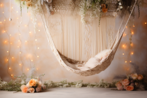 backdrop for newborn photography with boho hammock macrame, on the light background pastel with dry flowers on the background, with little lights and bokeh, photorealistic, light coming from the left, newborn background for photography, fine art, --ar 3:2 --v 5.2