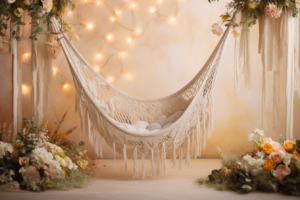 backdrop for newborn photography with boho hammock macrame, on the light background pastel with dry flowers on the background, with little lights and bokeh, photorealistic, light coming from the left, newborn background for photography, fine art, --ar 3:2 --v 5.2