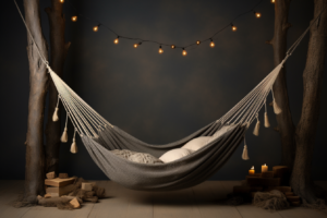 backdrop for newborn photography with simple hammock, with grey and dark background, photorealistic, newborn baby boy background for photography, --ar 3:2 --v 5.2