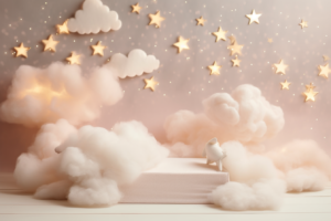 backdrop for newborn photography with white clouds fluffy and soft, on the light background pastel beige with little stars on the background, with little lights and bokeh, photorealistic, light coming from the left, no babies without furniture, zoom in, newborn background for photography, --ar 3:2 --v 5.2
