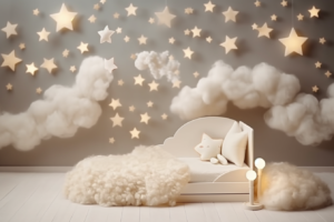 backdrop for newborn photography with white clouds fluffy and soft, on the light background pastel beige with little stars on the background, with little lights and bokeh, photorealistic, light coming from the left, no babies without furniture, zoom in, newborn background for photography, --ar 3:2 --v 5.2