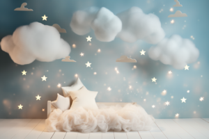 backdrop for newborn photography with white clouds fluffy and soft, on the light background pastel beige blue with little stars on the background, with little lights and bokeh, photorealistic, light coming from the left, newborn background for photography, --ar 3:2 --v 5.2