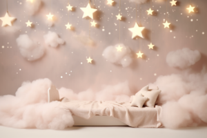 backdrop for newborn photography with white clouds fluffy and soft, on the light background pastel beige with little stars on the background, with little lights and bokeh, photorealistic, light coming from the left, no babies without furniture, zoom in, newborn background for photography, --ar 3:2 --v 5.2