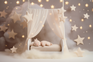 backdrop for newborn photography with white clouds fluffy and soft, on the light background pastel beige with little stars on the background, with little lights and bokeh, photorealistic, light coming from the left, no babies without furniture, zoom in, newborn background for photography, --ar 3:2 --v 5.2