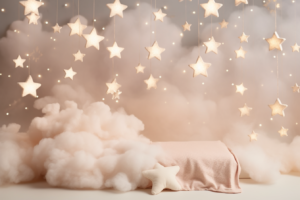 backdrop for newborn photography with white clouds fluffy and soft, on the light background pastel beige with little stars on the background, with little lights and bokeh, photorealistic, light coming from the left, no babies without furniture, zoom in, newborn background for photography, --ar 3:2 --v 5.2