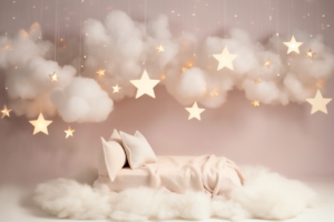 backdrop for newborn photography with white clouds fluffy and soft, on the light background pastel beige with little stars on the background, with little lights and bokeh, photorealistic, light coming from the left, no babies without furniture, zoom in, newborn background for photography, --ar 3:2 --v 5.2