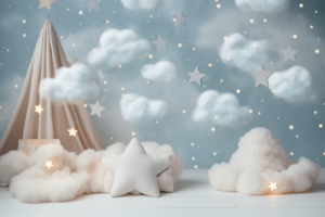 backdrop for newborn photography with white clouds fluffy and soft, on the light background pastel beige blue with little stars on the background, with little lights and bokeh, photorealistic, light coming from the left, newborn background for photography, --ar 3:2 --v 5.2