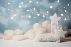 backdrop for newborn photography with white clouds fluffy and soft, on the light background pastel beige blue with little stars on the background, with little lights and bokeh, photorealistic, light coming from the left, newborn background for photography, --ar 3:2 --v 5.2