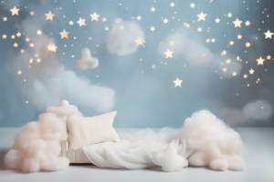 backdrop for newborn photography with white clouds fluffy and soft, on the light background pastel beige blue with little stars on the background, with little lights and bokeh, photorealistic, light coming from the left, newborn background for photography, --ar 3:2 --v 5.2