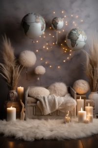 Ultra realistic baby boy newborn Backdrop with pampas and globes, with candles, Ultra Wide Shot, --ar 2:3 --v 5.2
