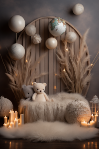 Ultra realistic baby boy newborn Backdrop with pampas and globes, with candles, Ultra Wide Shot, --ar 2:3 --v 5.2