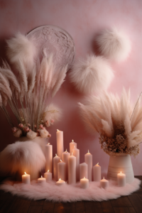 Ultra realistic baby newborn Backdrop with pampas and pink globes, with candles, Ultra Wide Shot, No people --ar 2:3 --v 5.2