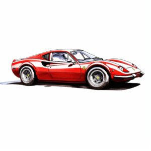 classic ferrari, red, side view, pen and ink, line drawing, loosely hand drawn, happy, friendly, on white background --stylize 50