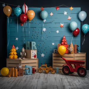 photography backdrop with a children's birthday motif with toys --v 5.2